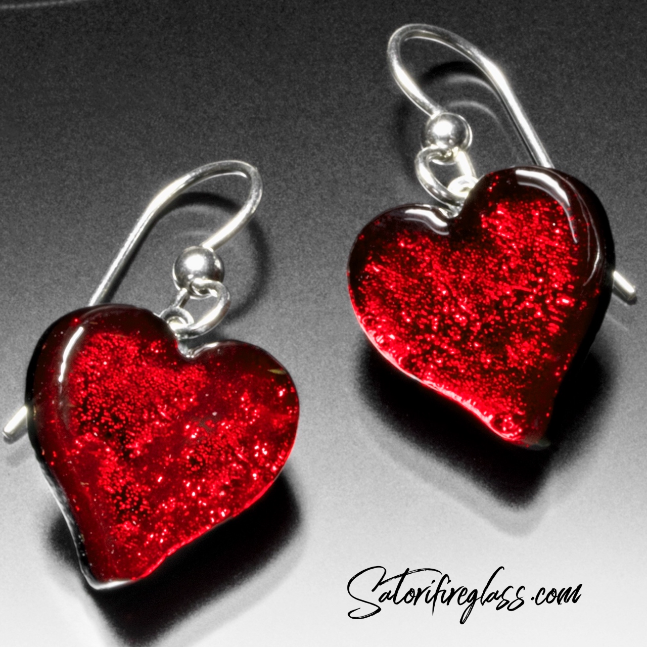 Valentines earrings/ Red heart earrings/ sterling silver glass